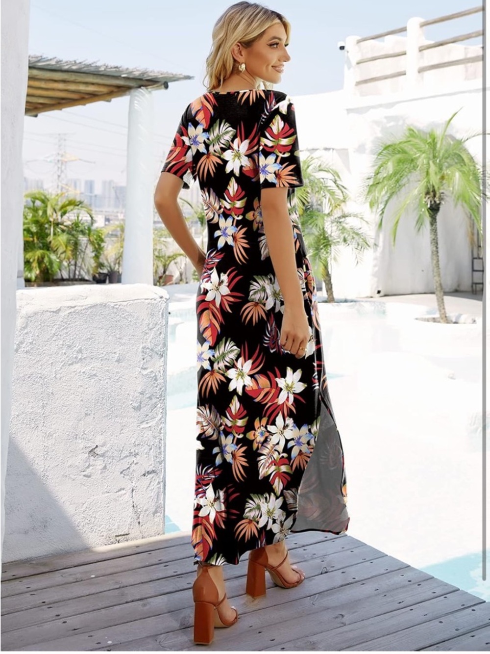 Floral V-Neck Black Maxi Dress with Side Slit - Picture 3 of 12